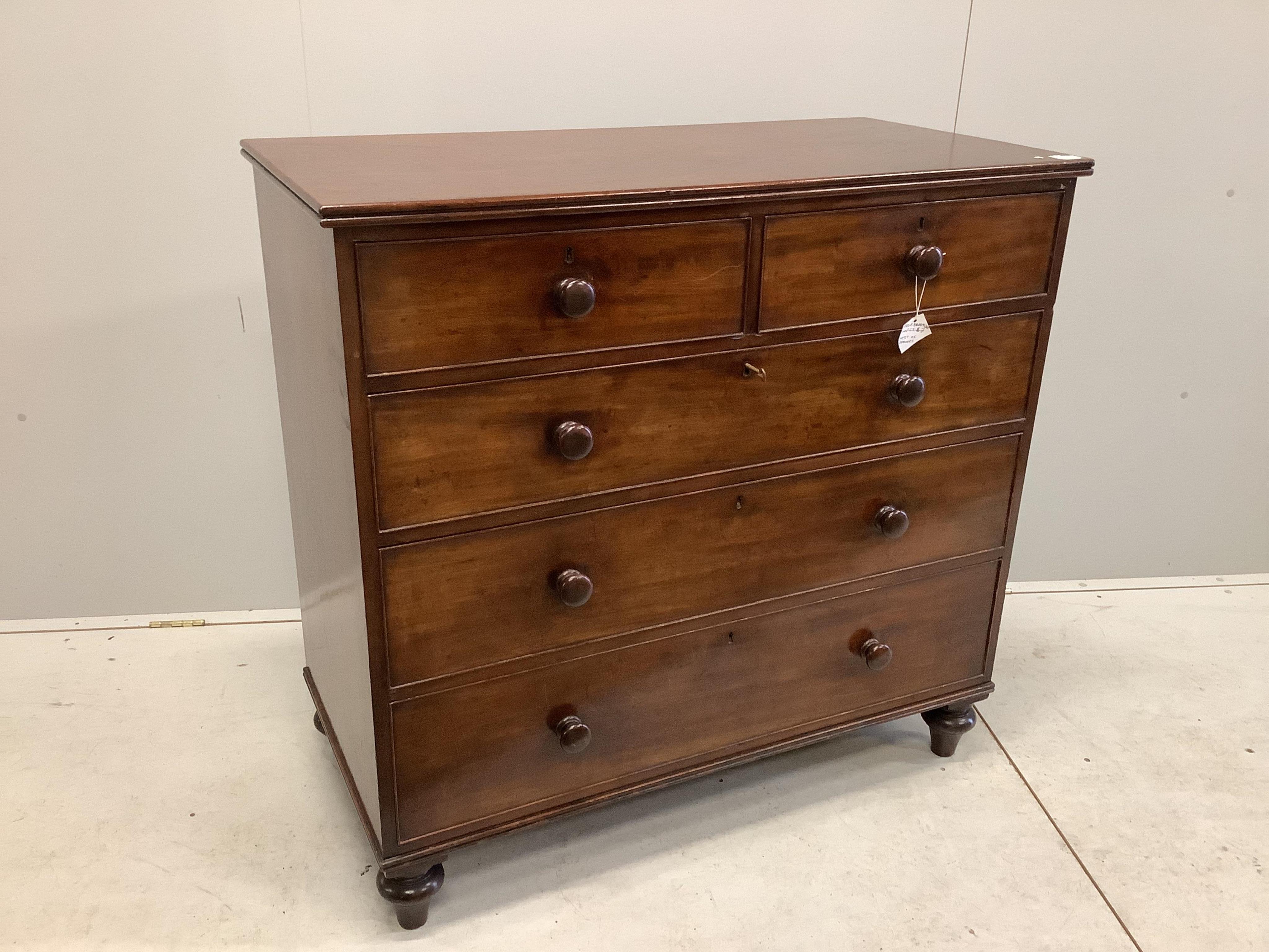 A Victorian mahogany chest of two short and three long drawers, width 109cm, depth 54cm, height 104cm. Condition - fair to good